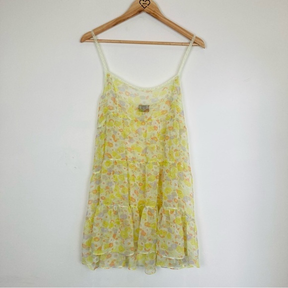 Intimately Free People yellow floral chiffon tiered slip dress. Size Medium. - Picture 1 of 6